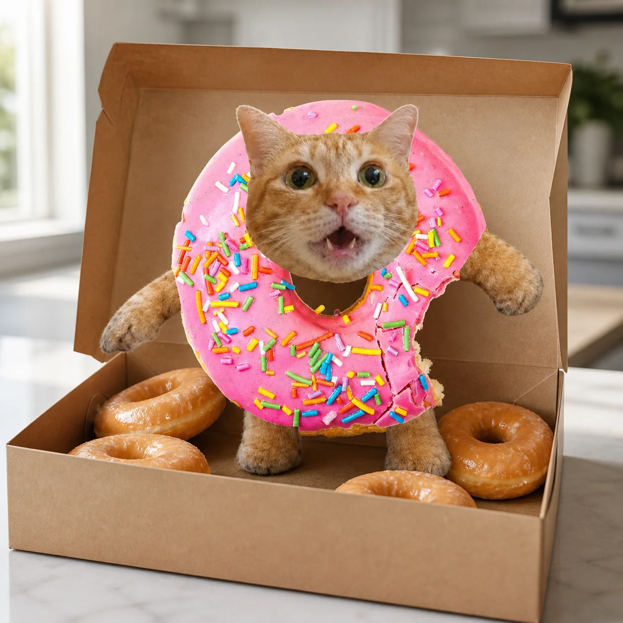 Donut Cat in a box of plain donuts